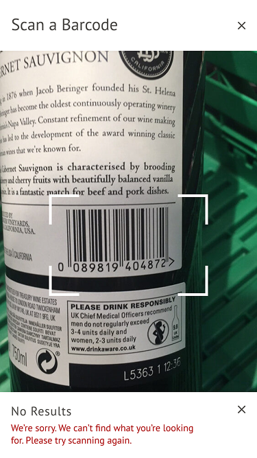 An error state shown when a scanned barcode does not match any product in the LOOP catalog